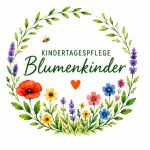 Logo Kindertagespflege Blumenkinder Breisach mit einem Blumenkranz und bunten Blumen als Hinweis auf naturverbundene Arbeitsweise