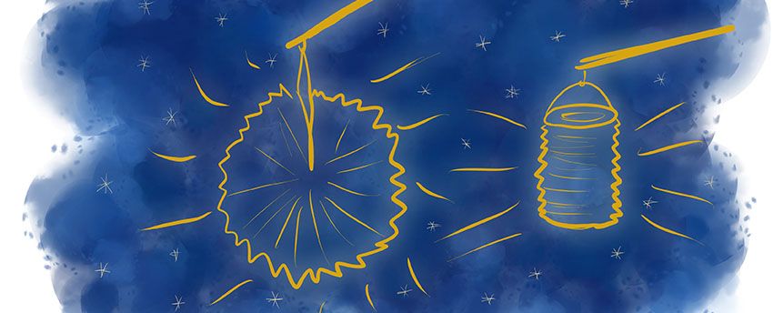 Zeichnung zwei Martinslaternen vor dunkelblauem Sternenhimmel